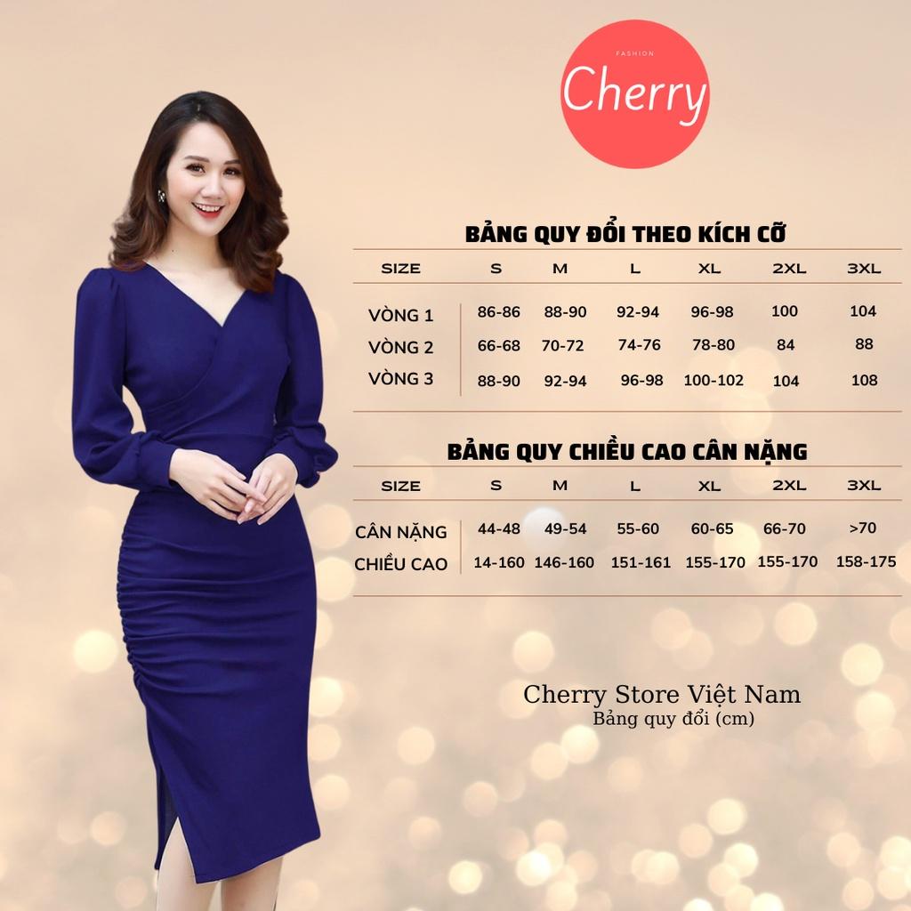 Váy body nhúm dáng ôm tay dài cổ tim CHERRY đầm body công sở sang trọng A1182