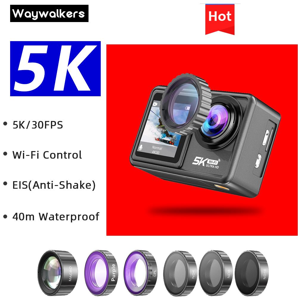 WAYWALKERS Camera Hành Động 5K 4K 60FPS Bộ Lọc Có Thể Tháo Rời Quay Video Màn Hình Kép Go Mini Chống Nước Thể Thao Dưới Nước Cam Pro