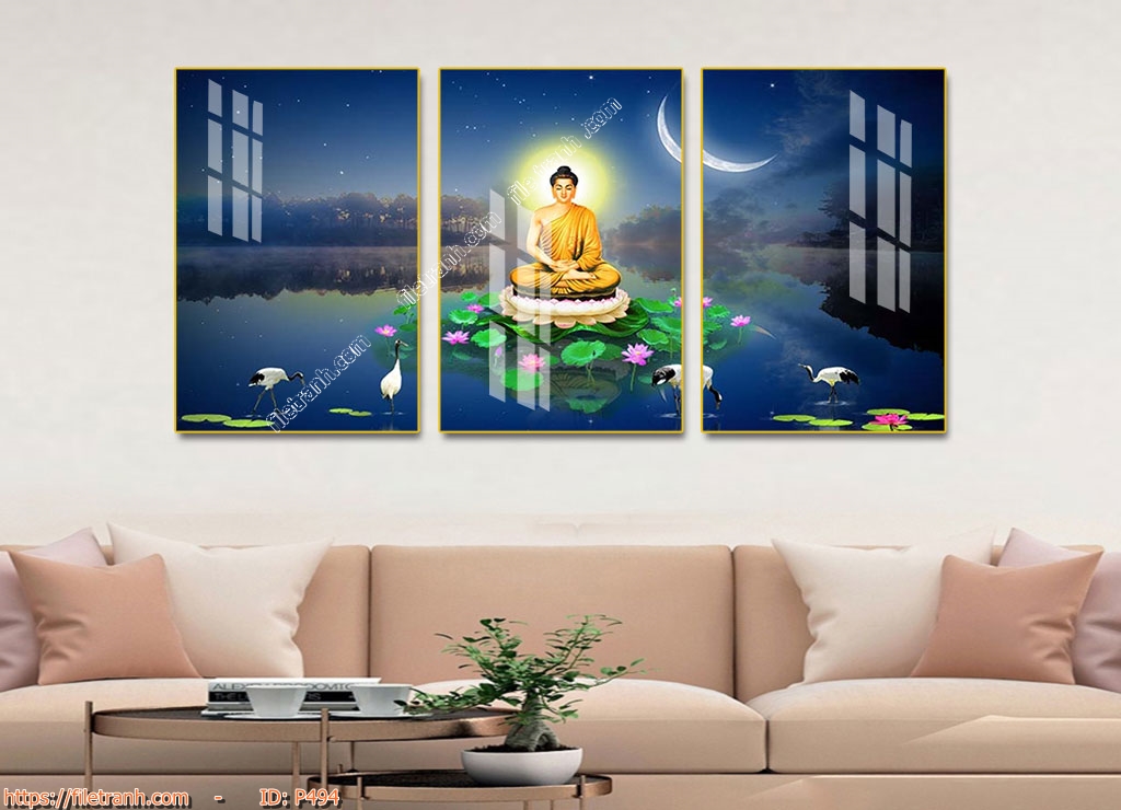 Bộ 3 Tranh Tráng Gương Phật Giáo, Phật Thích Ca, Phật Di lạc, Quán Thế Âm Bồ Tát, Tam Thế Phật Treo Tường Cao Cấp