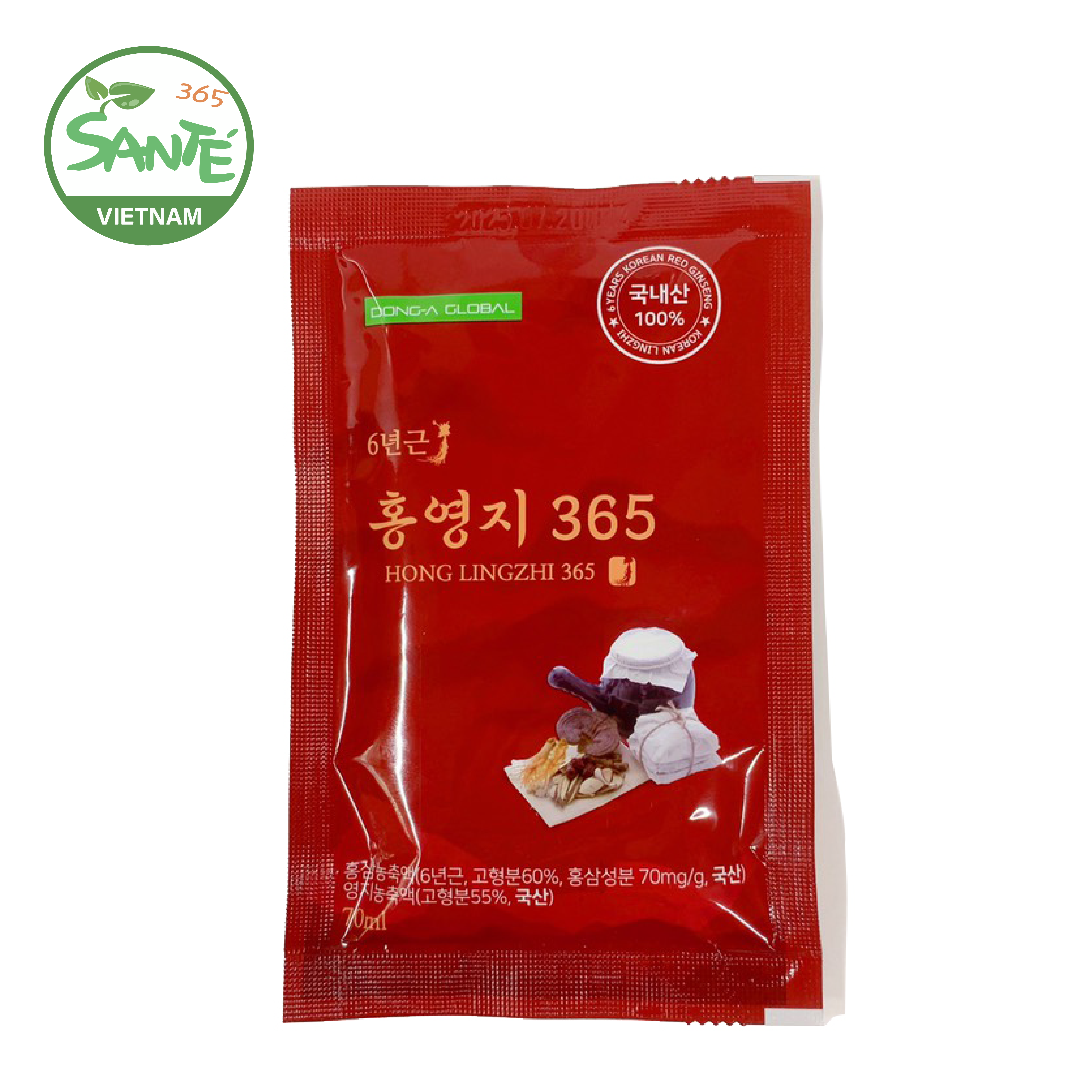 Sante365 - Thực Phẩm Bổ Sung - HONG LINGZHI 365 - NƯỚC HỒNG SÂM LINH CHI DẠNG GÓI 5 GÓI 70ml