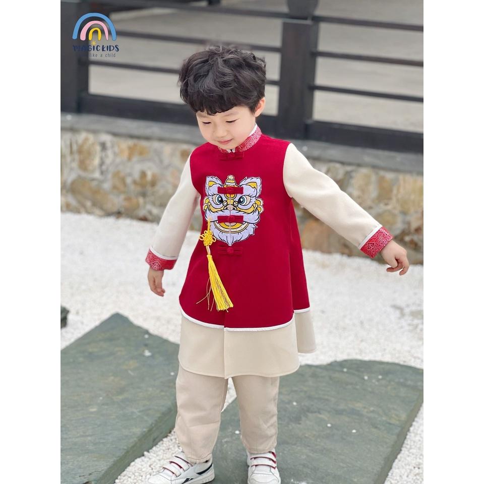 Áo dài bé trai Magickids dáng cách tân thêu lân sư kèm dây khánh chất nhung tăm mẫu mới Tết 2023 Quần áo trẻ em AD22002