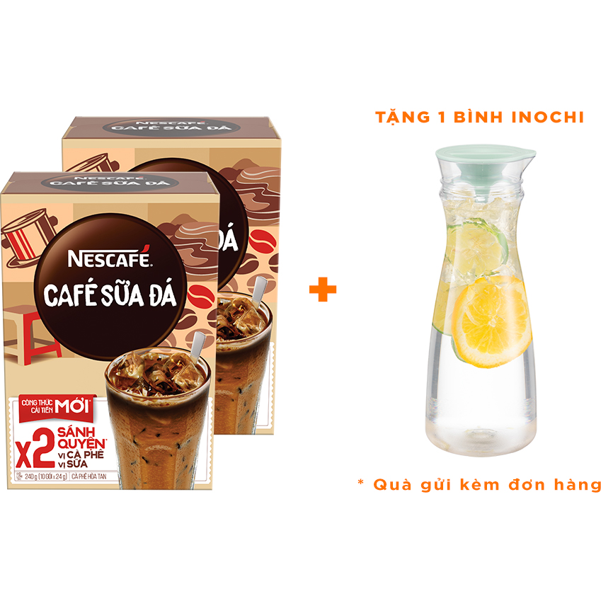 Combo 2 hộp cà phê hòa tan Nescafé cà phê sữa đá (Hộp 10 gói x 24g) - [Tặng 1 bình Inochi]