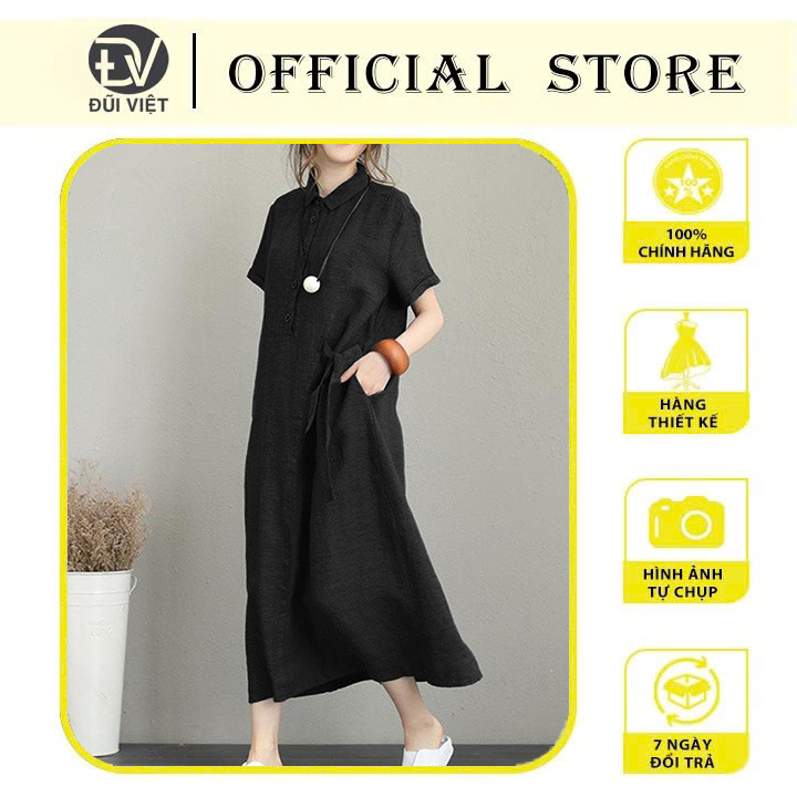 Đầm Suông Nữ Đũi Việt Dáng Dài 2 Túi Sườn, Đầm Form Rộng Cổ Sơ Mi Phong Cách Cá Tính Thời Trang Thương Hiệu Chính Hãng Dv61 - Đen - Xl