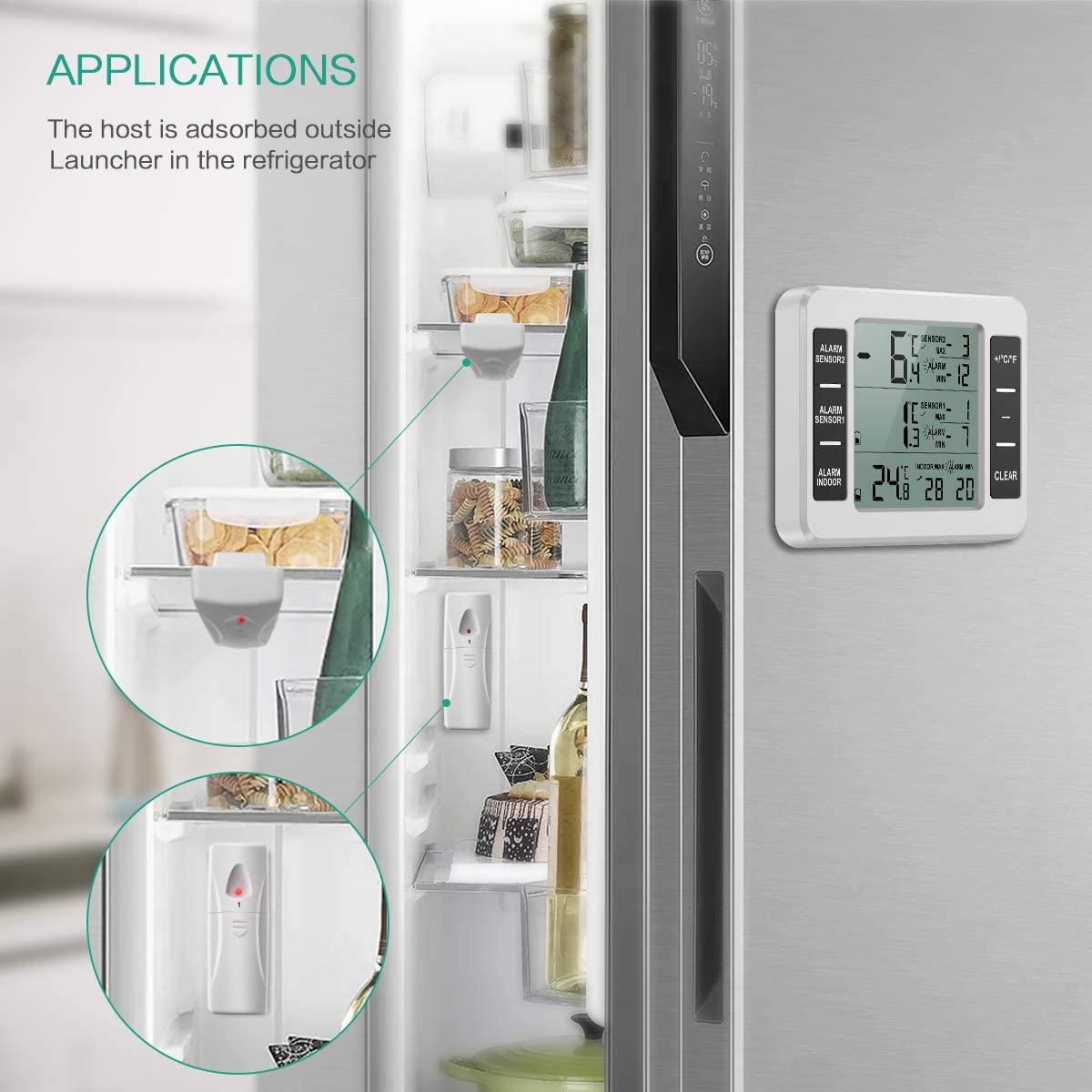 Nhiệt kế tủ lạnh, Nhiệt kế tủ lạnh không dây với 2 cảm biến, Báo động âm thanh tối thiểu / tối đa, Nhiệt kế trong nhà / ngoài trời cho nhà bếp Nhà hàng Quán cà phê