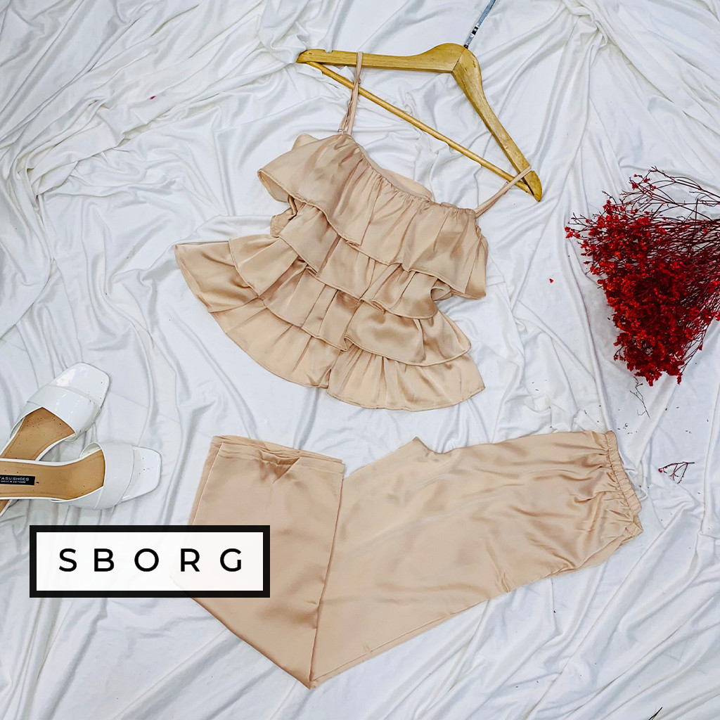 Đồ bộ mặc nhà SBORG bộ ngủ lụa latin - satin 2 dây viền bèo 4 tầng dễ thương phối quần dài có túi freesize dưới 55kg quà tặng Vợ, thoải mái mặc ngủ ở nhà hoặc đi ra ngoài