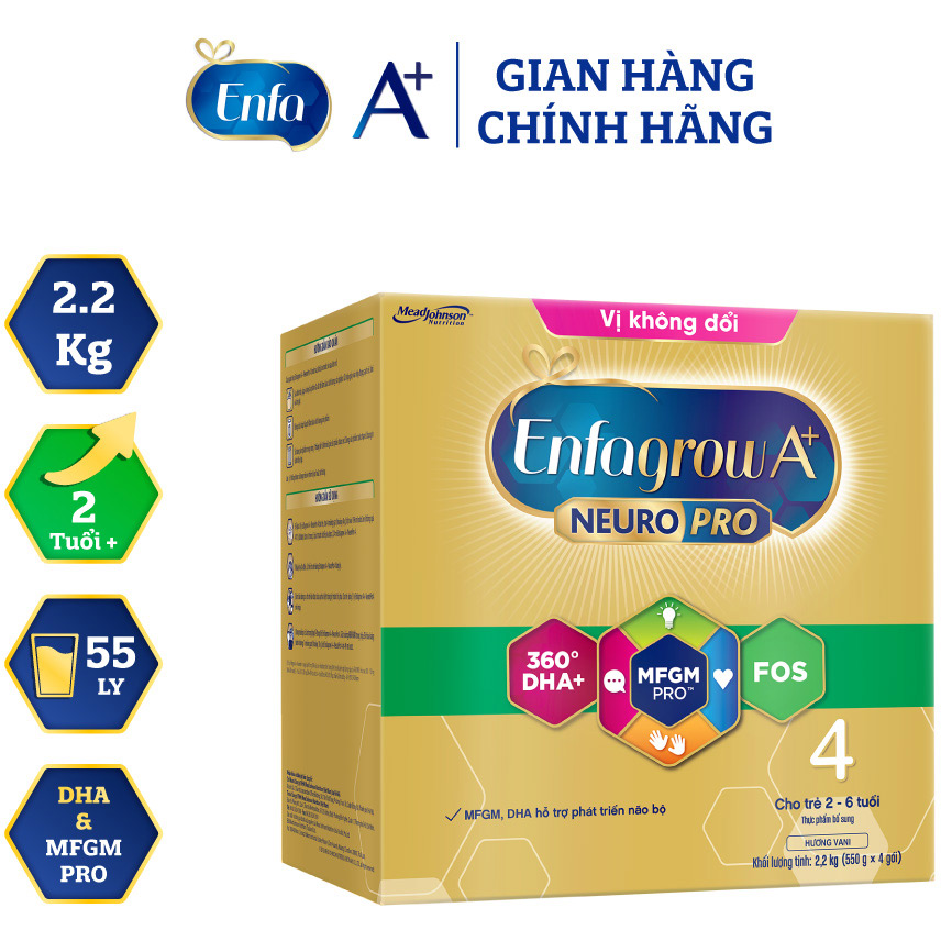 Bộ 1 hộp Sữa bột Enfagrow A+ Neuropro 4 Vị Không Đổi cho trẻ từ 2 – 6 tuổi – 2.2kg (Bao bì mới) -Tặng 4 lốc sữa bột pha sẵn Enfagrow A+ 4 mẫu mới