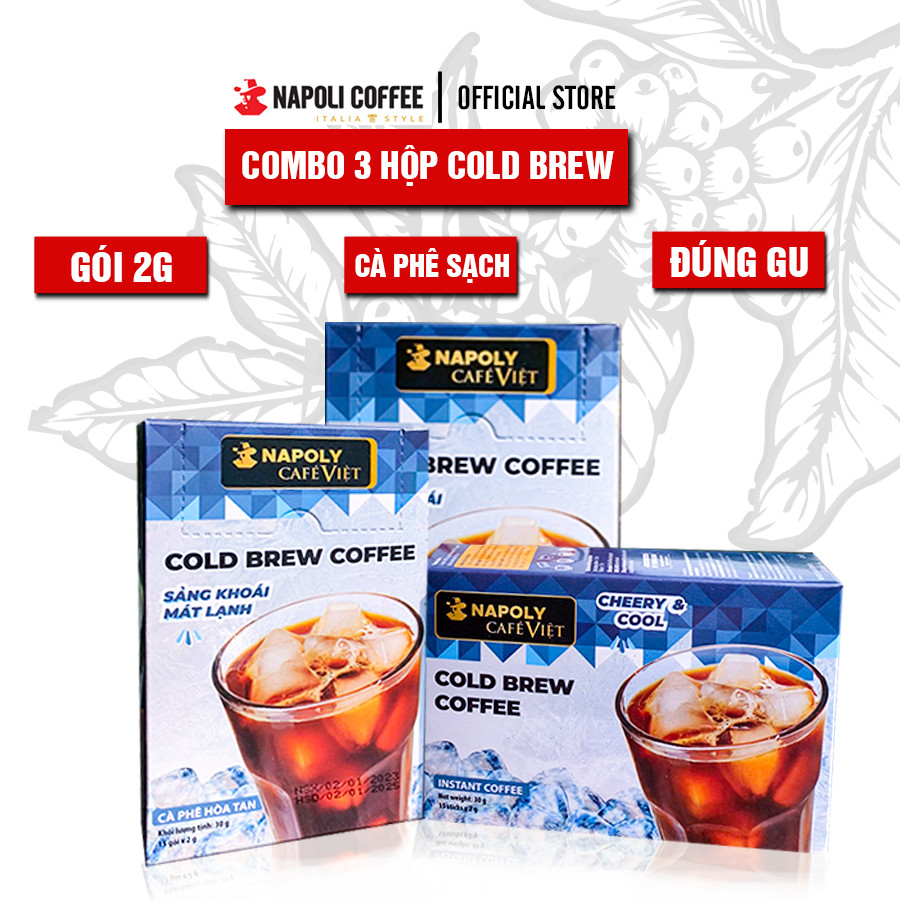 [Combo 3 hộp] COLD BREW COFFEE - Cà phê đen không đường sấy lạnh hòa tan Napoli hộp 15 gói x 2 gr