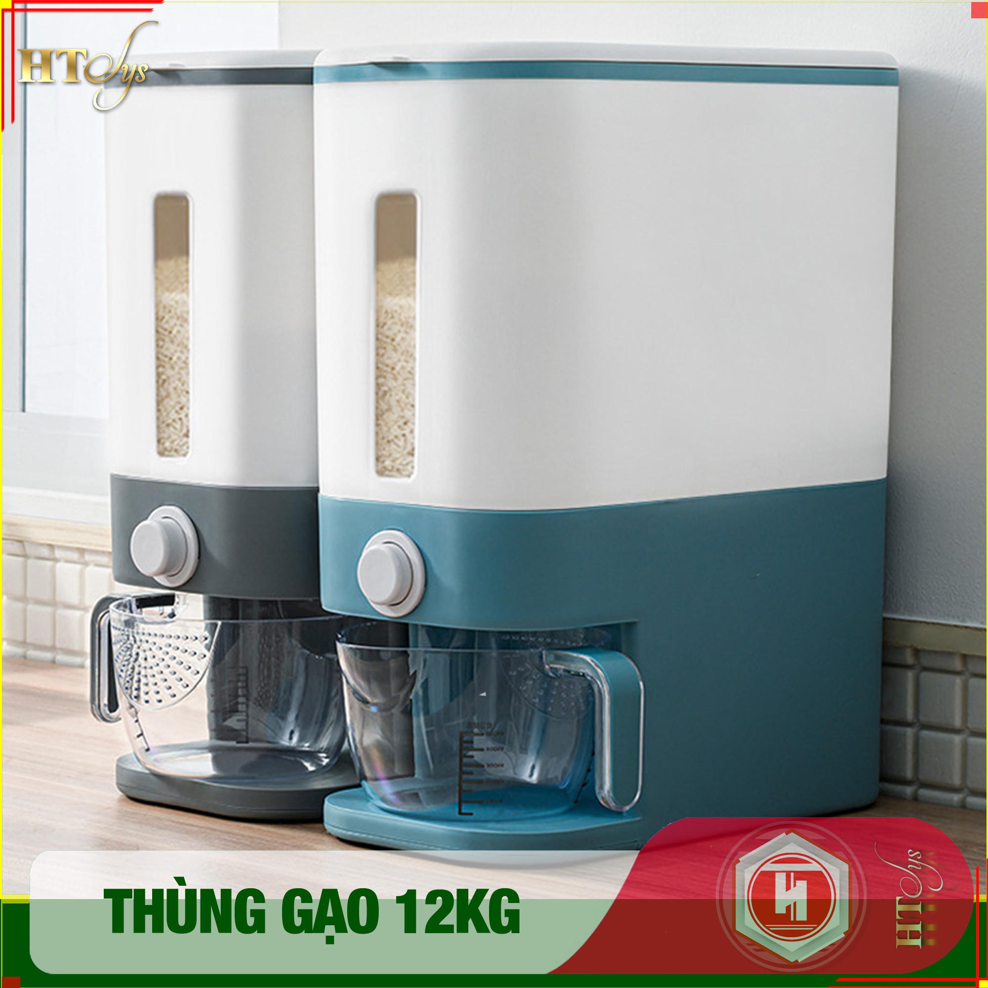 01 Thùng đựng gạo thông minh 12kg HT SYS, thiết kế dạng nhấn nút, chất liệu ABS cao cấp + 01 Vỉ móc Vàng Tài Lộc + 04 Khăn lau siêu thấm