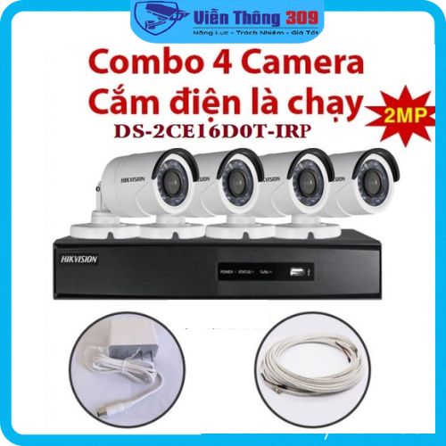 Trọn bộ 4 Camera 2MP DS-2CE16D0T-IRP + Đầu ghi hình 7204HGHI, có sẵn phụ kiện, cắm điện là chạy - Hàng chính hãng