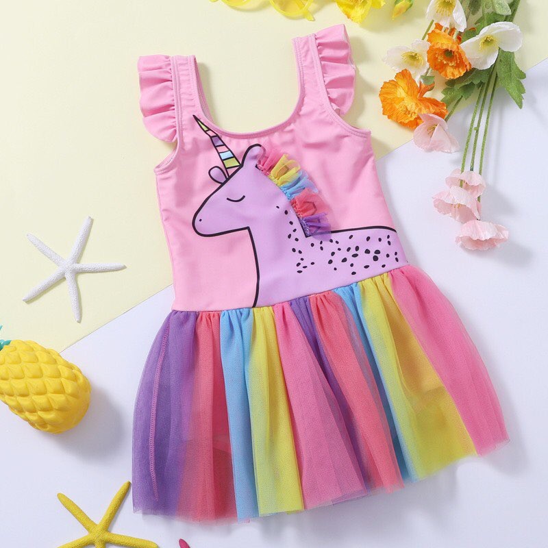 Đồ bơi bé gái ngựa hồng Pony cầu vồng sát nách liền thân siêu xịn mẫu mới hè 2-8T