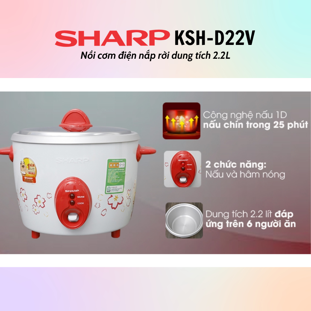 Nồi Cơm Điện Nắp Rời Sharp KSH-D22V - Màu Ngẫu Nhiên - Hàng chính hãng - Bảo Hành 12 Tháng