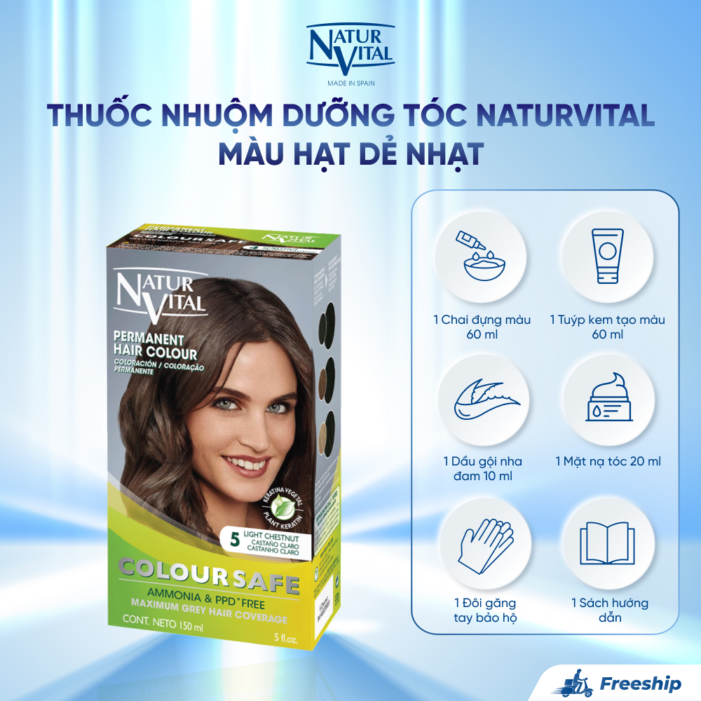 Thuốc Nhuộm Dưỡng Tóc NaturVital Colour Safe Permanent Hair Dye Chiết Xuất Lúa Mì & Đậu Nành, Giúp Làm Mới, Giữ Màu, Mang Đến Độ Mượt Bồng Bềnh - Màu Hạt Dẻ Nhạt
