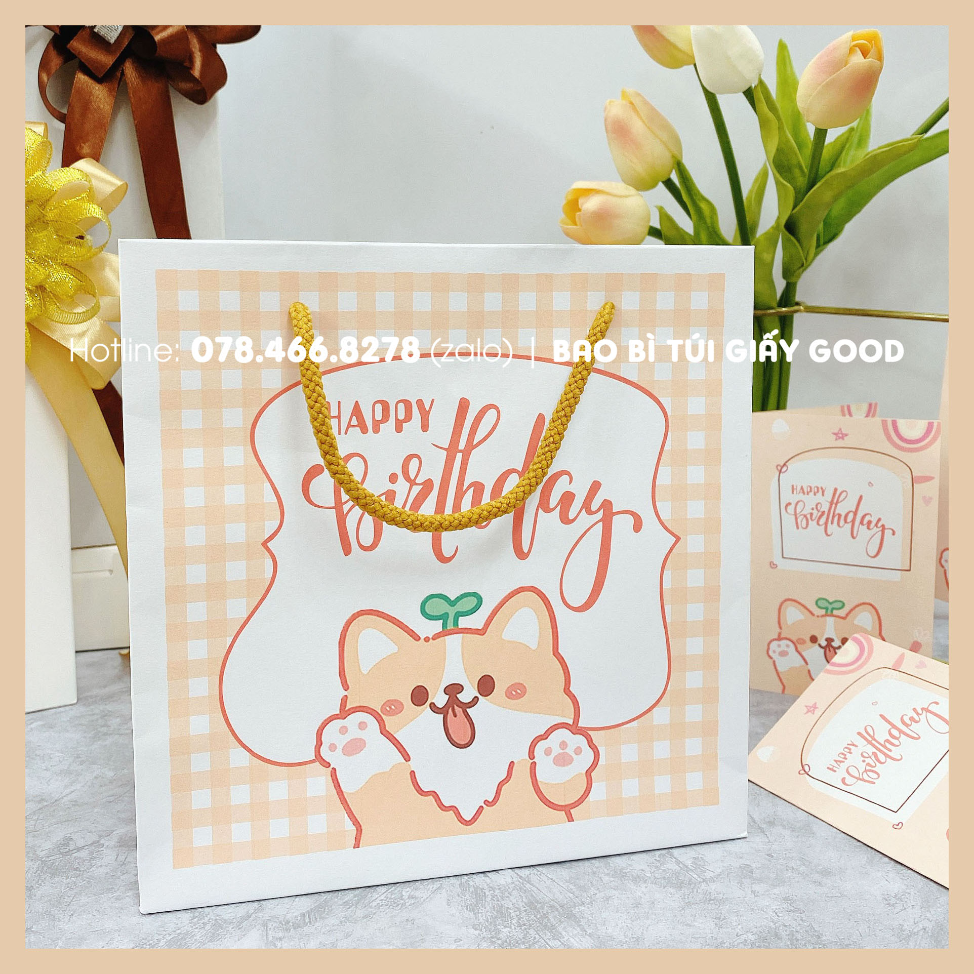 Túi Giấy Kraft Họa Tiết Sinh Nhật/Happy Birthday Dễ Thương 20x20x10cm Đựng Quà Tặng, Gấu Bông Nhỏ, Phụ Kiện, Quai Vải Chắc Chắn