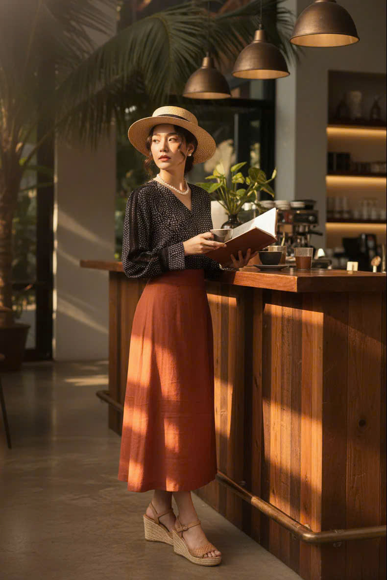 Váy Midi Linen, Váy Dài Linen Cam Gạch SKI055 thời trang thiết kế Hity