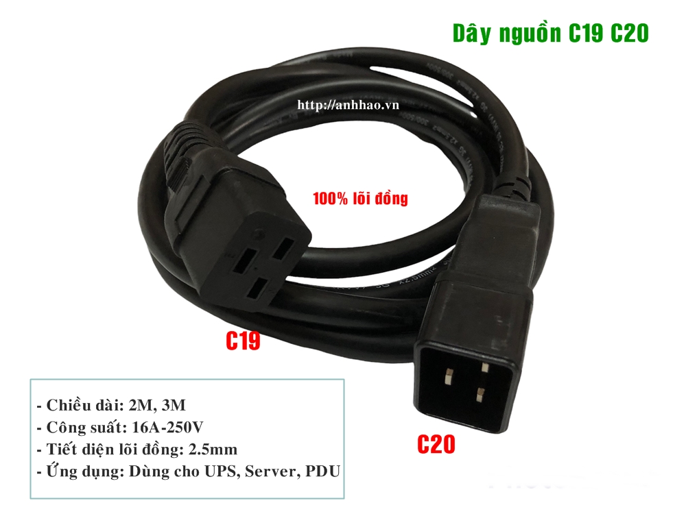 Dây nguồn PDU, Server, UPS chuẩn C19 C20 dài 2M, 3M. Tiết diện lõi đồng 3 x 2.5mm