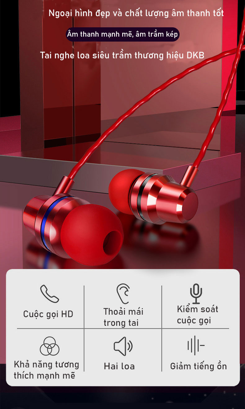 Tai Nghe Nhét Tai Có Dây DKB, Bản Nâng Cấp Chất Lượng Cao, Âm Thanh 360 Chân Thực, Có Mic Đàm Thoại, Và Thanh Chỉnh Âm Lượng - Hàng Chính Hãng