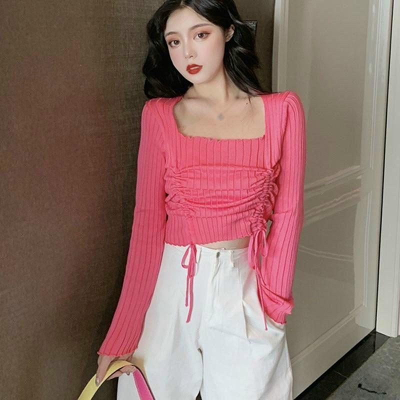 Áo gân cổ vuông kiểu tay dài thắt dây rút-MA040