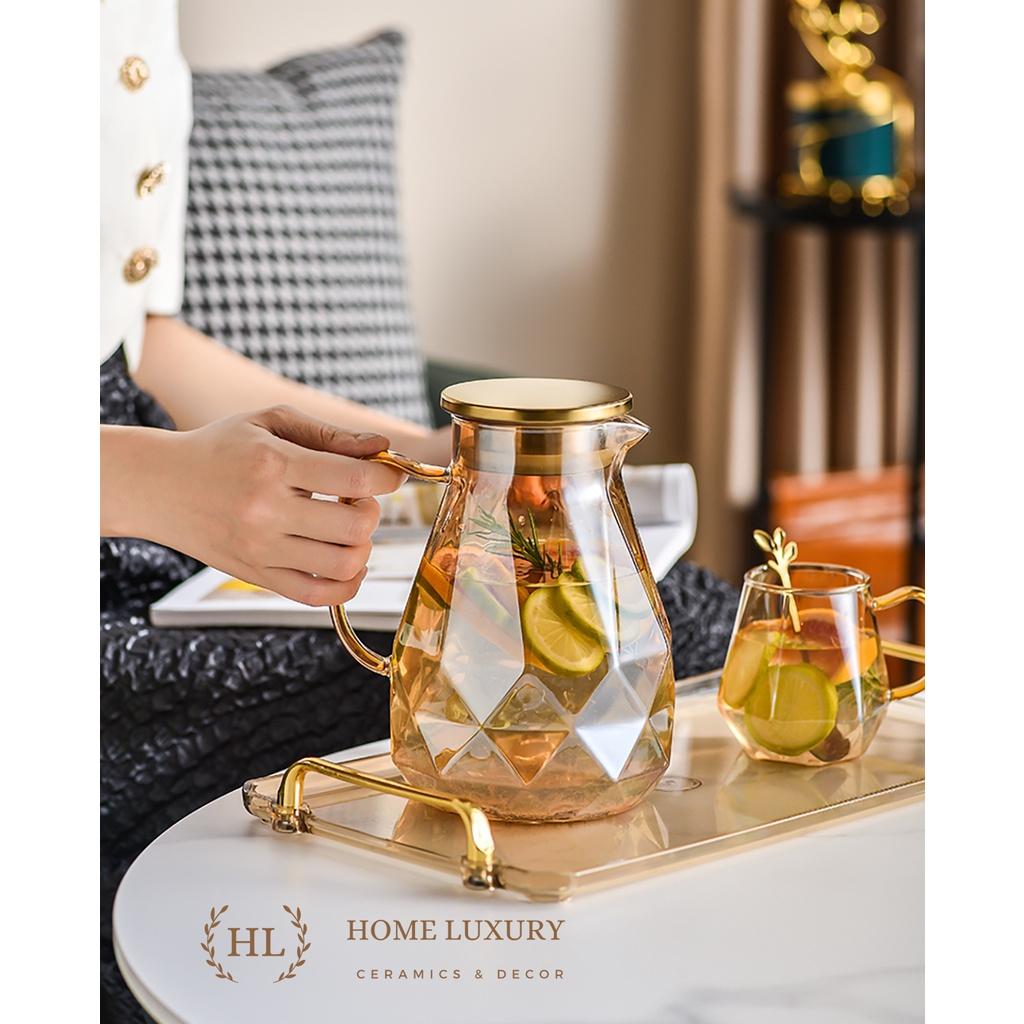Bình Ly thuỷ tinh vàng có quai dáng kim cương | BỘ BÌNH CỐC BOROSILICATE SIÊU NHẸ - CHỊU NHIỆT - CƯỜNG LỰC LỤC GIÁC QUAI