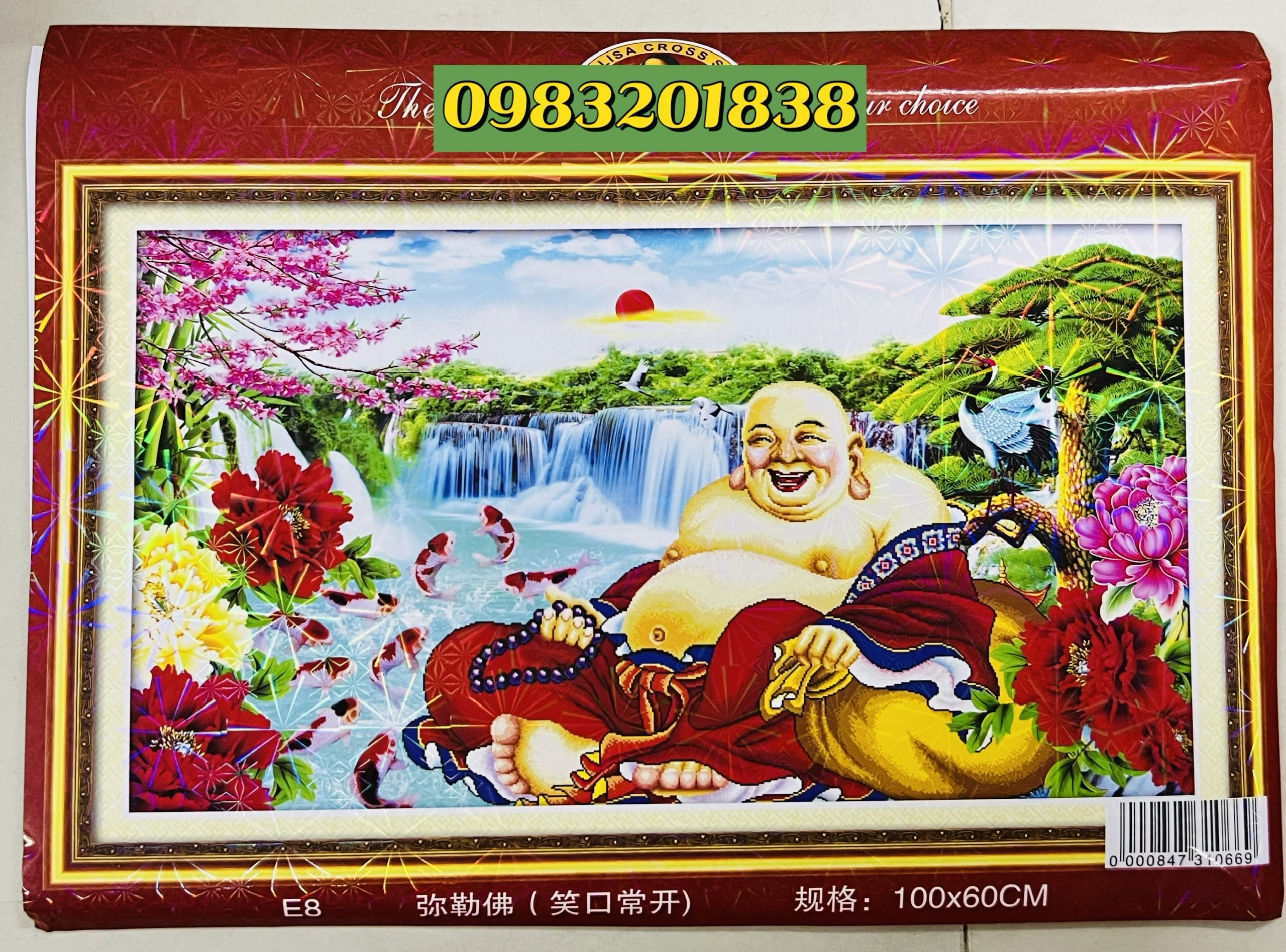 Tranh thêu chữ thập Phật di lặc E8, kích thước 100 x 60 cm