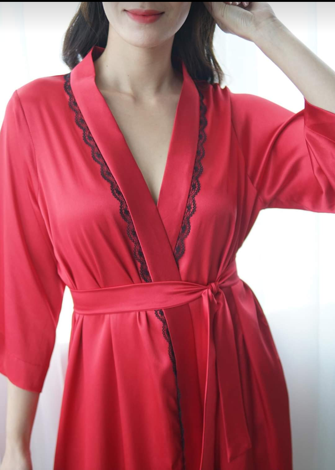 -Áo choàng ngủ lụa phối ren sang chảnh-Màu đỏ