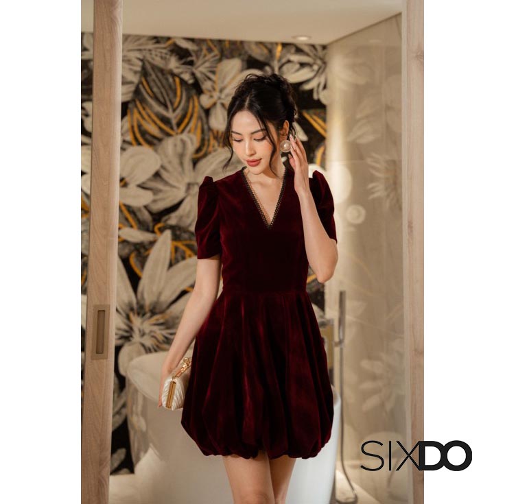 Đầm nhung midi ngắn tay sang trọng SIXDO