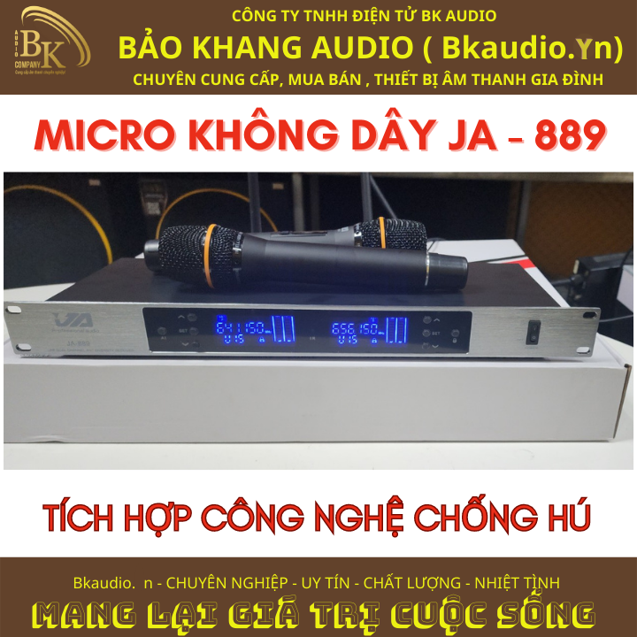 Micro không dây JA-889. Mic hút âm tốt , hai tầng số UHF riêng biệt chống tạp âm kết hợp công nghệ chống hú giúp người hát không cảm thấy mệt trong quá trình karaoke. Khoảng cách từ máy đến mic lên hơn 100m  vì vậy có thể dùng trong mọi không gian.