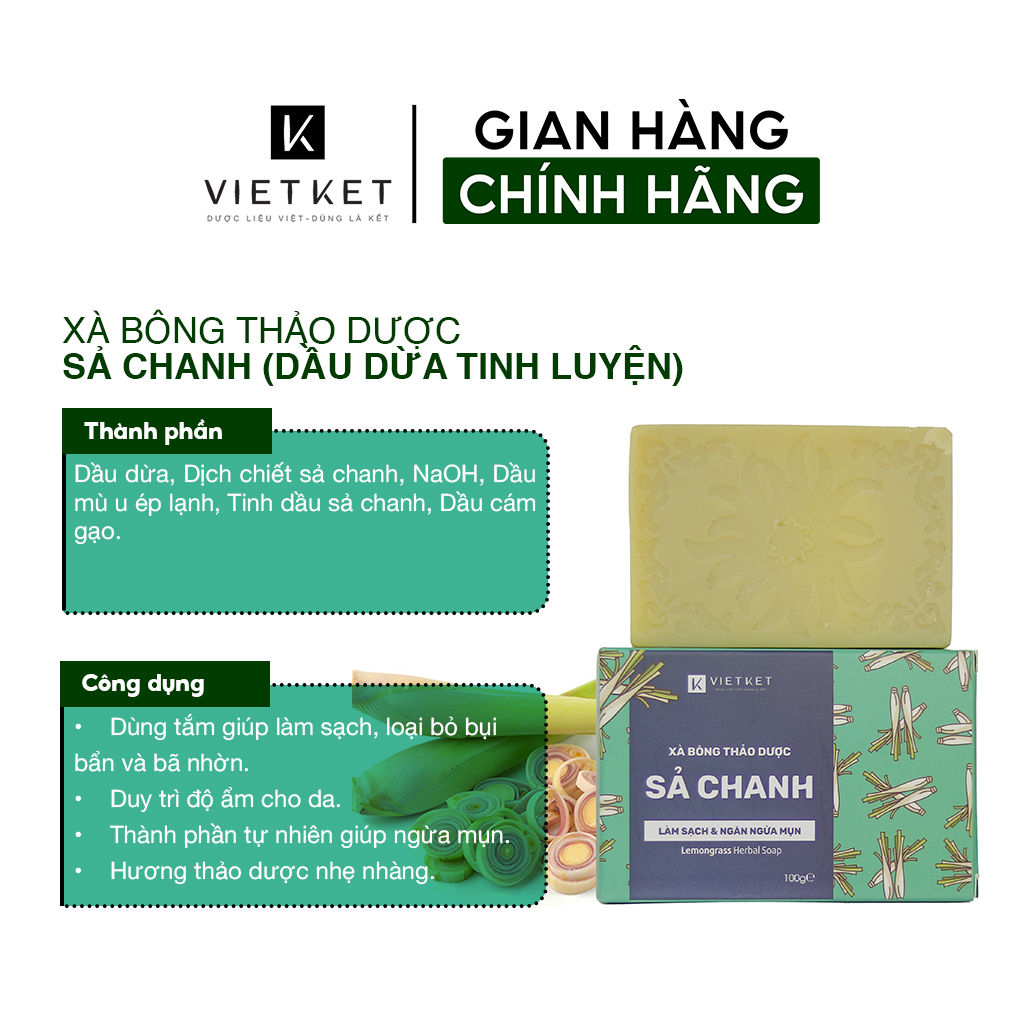Cục Xà Bông Thảo Dược Sả Chanh VIETKET 100g - Làm Sạch, Giảm Mụn Lưng, Sáng Da, Duy Trì Độ Ẩm, Hương Thơm Thảo Dược