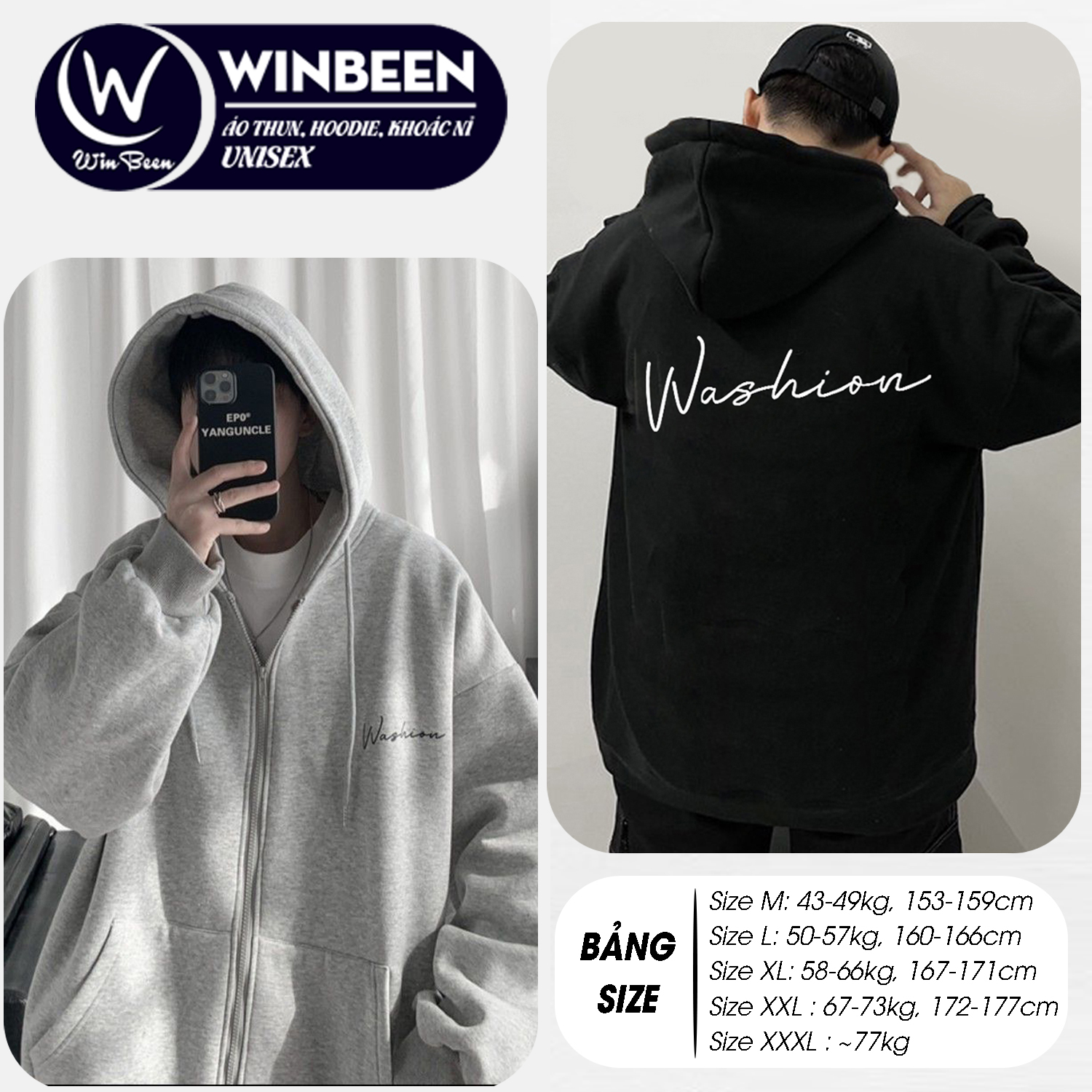 Áo Hoodie Kéo Khóa Nam Nữ Washion  Áo Khoác Nỉ Có Nón Unisex PM602