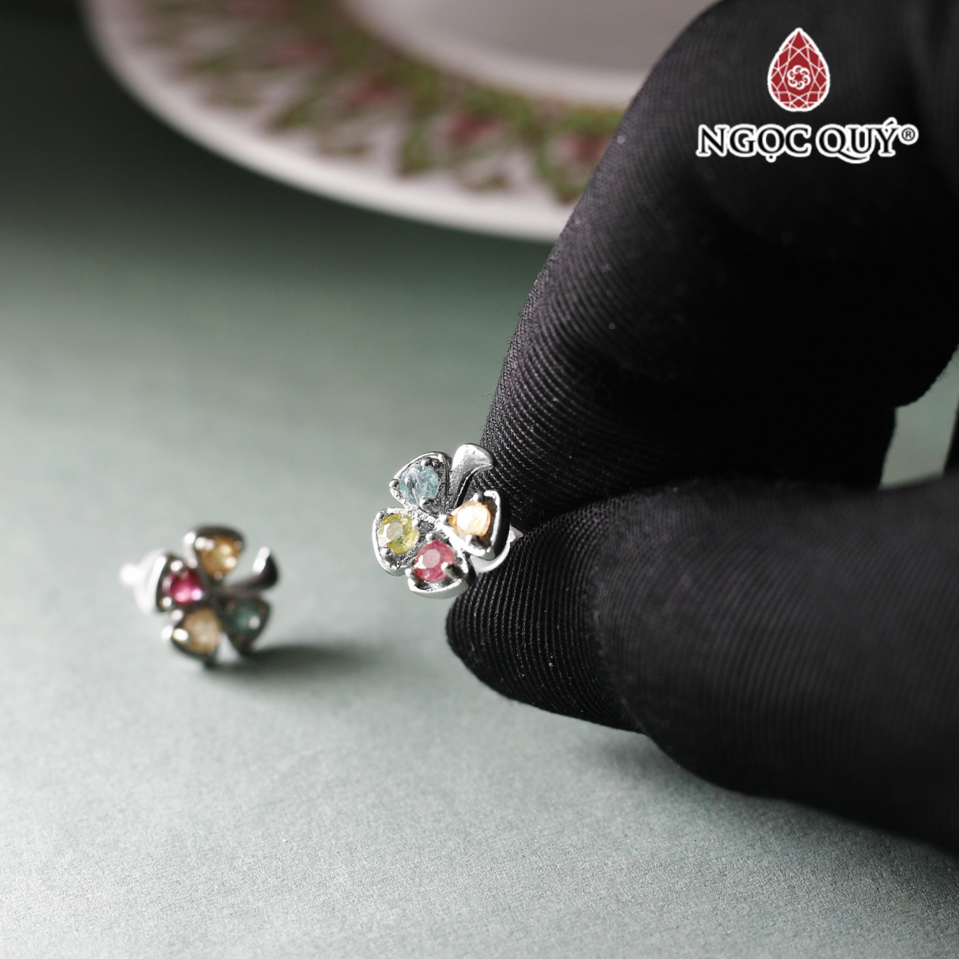 Bông tai cỏ 4 lá tourmaline 11mm - Ngọc Quý Gemstones