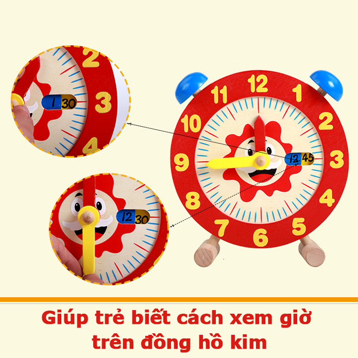 Đồng hồ bằng gỗ Giáo cụ Montessori đồ chơi trẻ em học cách xem kim giờ kim phút học phép tính cộng và trừ