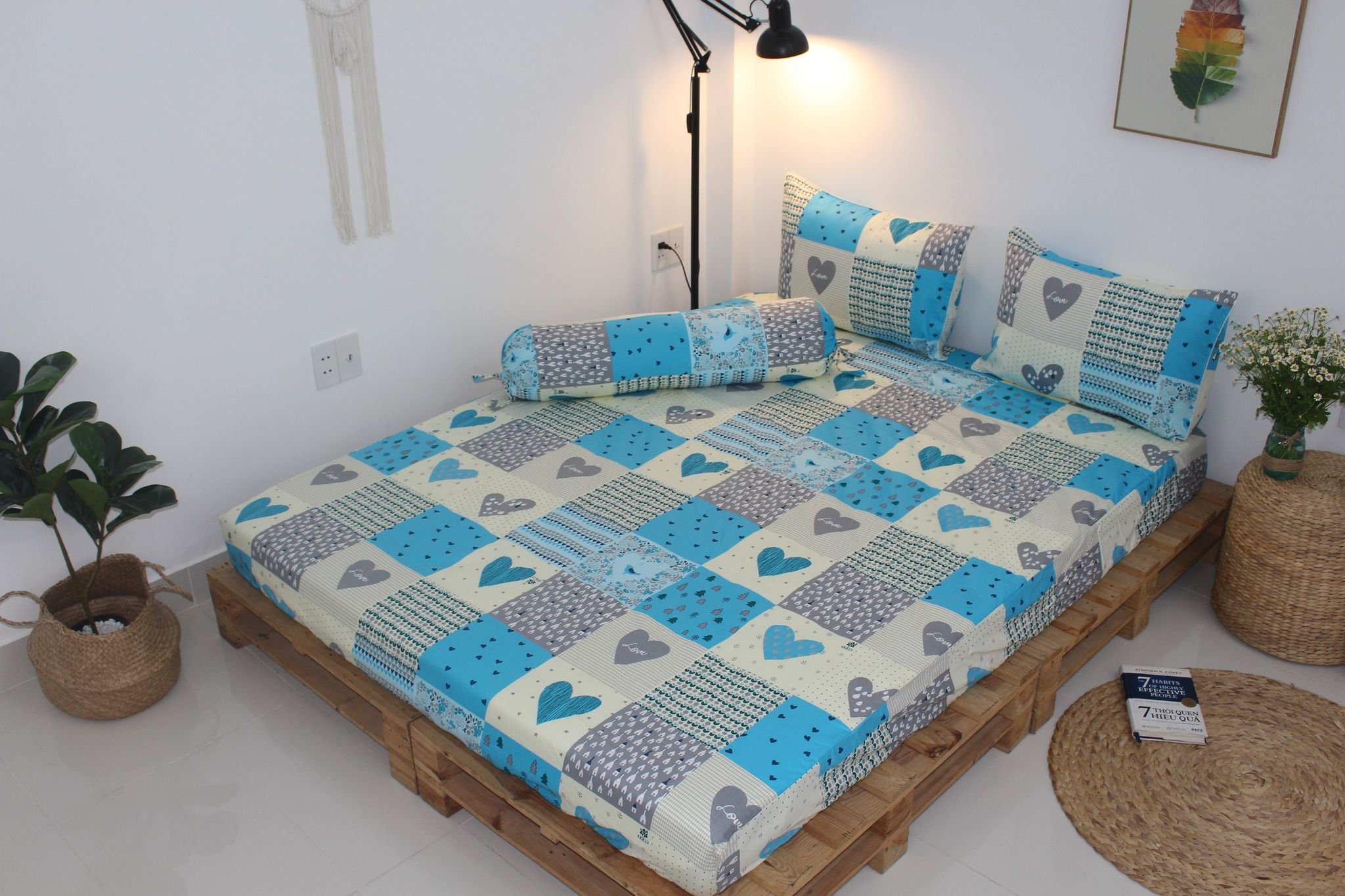 Bộ drap gối KHA LY - 100% cotton thiên nhiên - Ô Vuông Tim Xanh - VN243