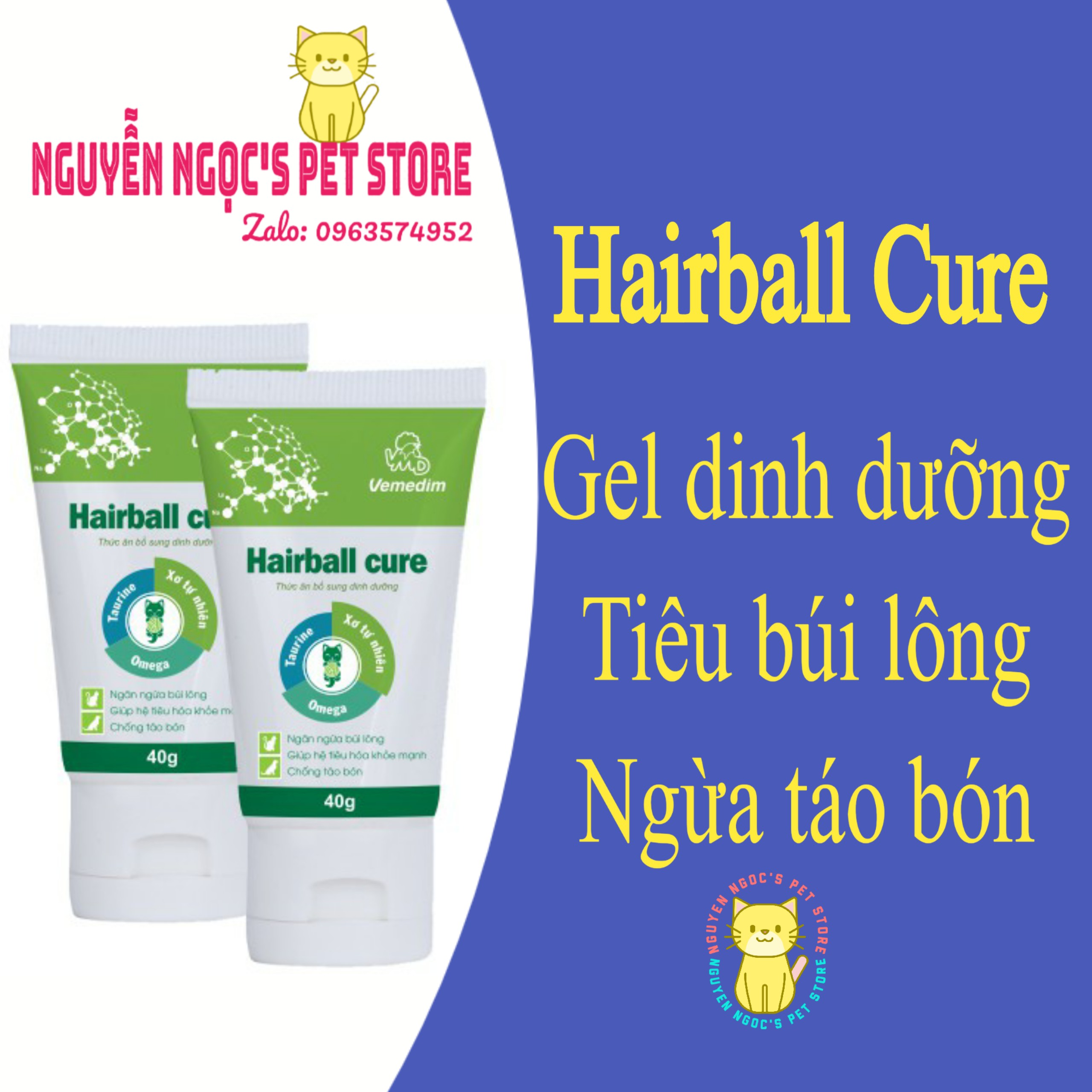 Hairball Cure Vemedim - Gel dinh dưỡng ngăn ngừa búi lông, hỗ trợ điều trị táo bón cho chó mèo tuýp 40g