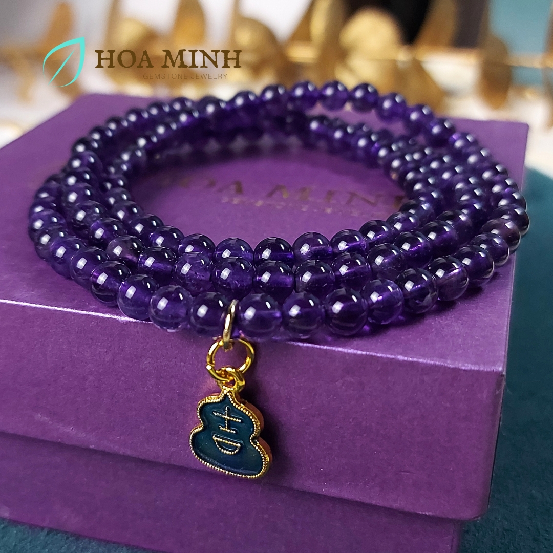 Vòng tay chuỗi 108 hạt Thạch Anh Tím Amethyst size 5.3 li tự nhiên phối charm túi tiền may mắn phong thủy mệnh Hỏa, Thổ