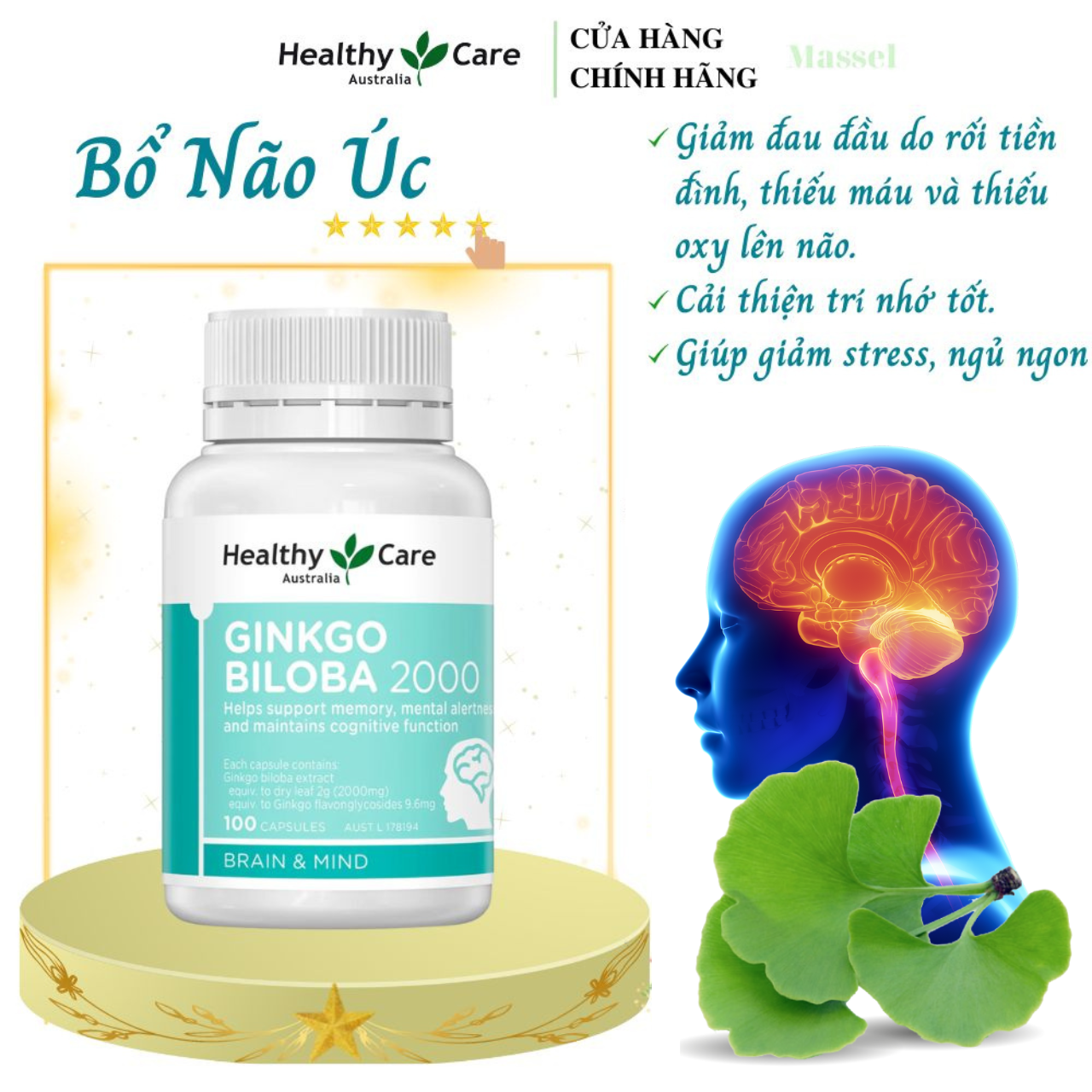 Bổ não Úc Healthy Care Ginkgo Biloba Hỗ trợ các vấn đề tuần hoàn não, Cải Thiện Trí Nhớ, lưu thông máu, Tăng khả năng nhận thức - Massel Official