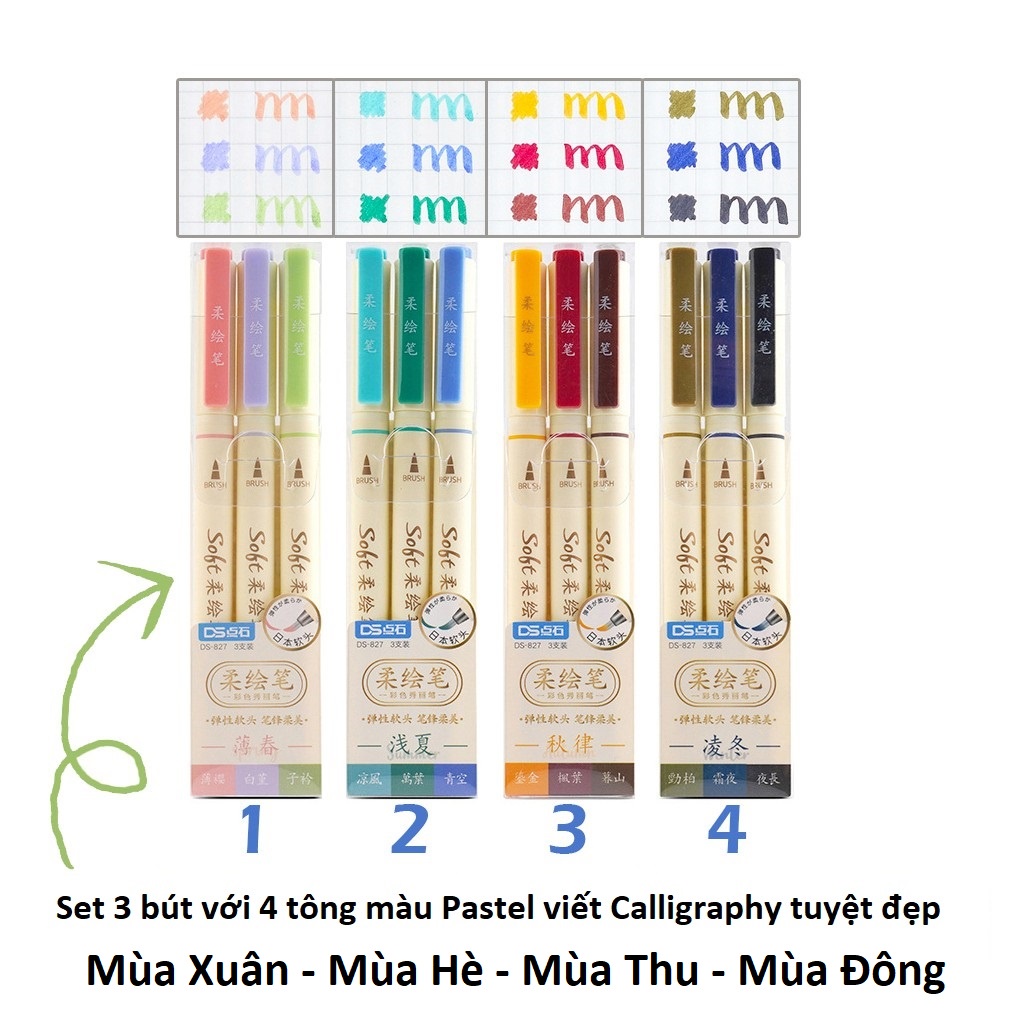 Bộ 3 bút brush Soft viết Calligraphy màu pastel cực đẹp cho sổ tay, Bullet Journal A72