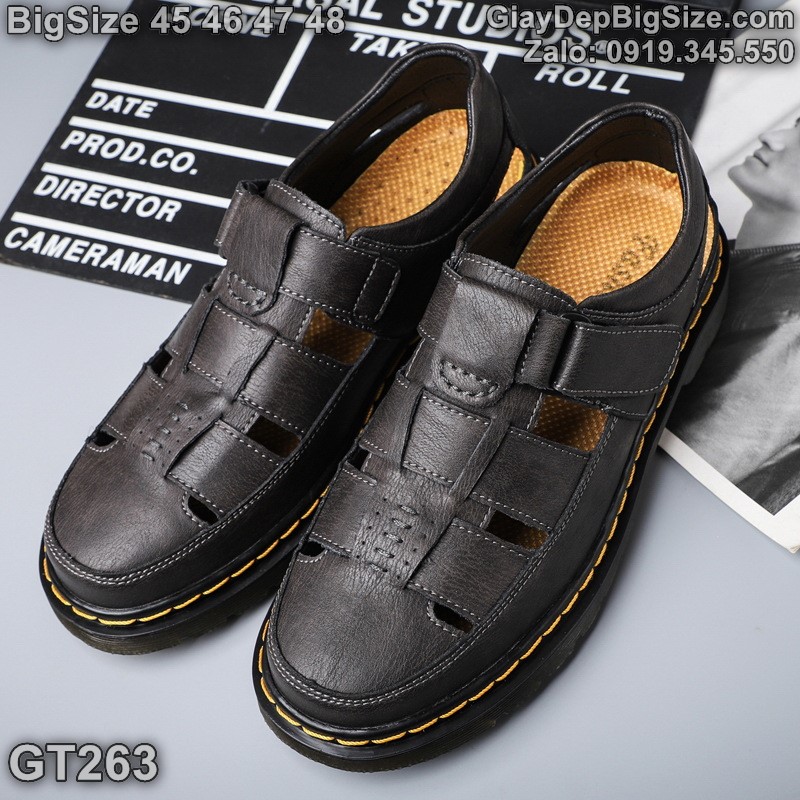 Giày xăng đan da thật đế kếp, giày tây quai dán cỡ lớn 45 46 47 48 cho nam chân to. Big size leather shoes for wide feet