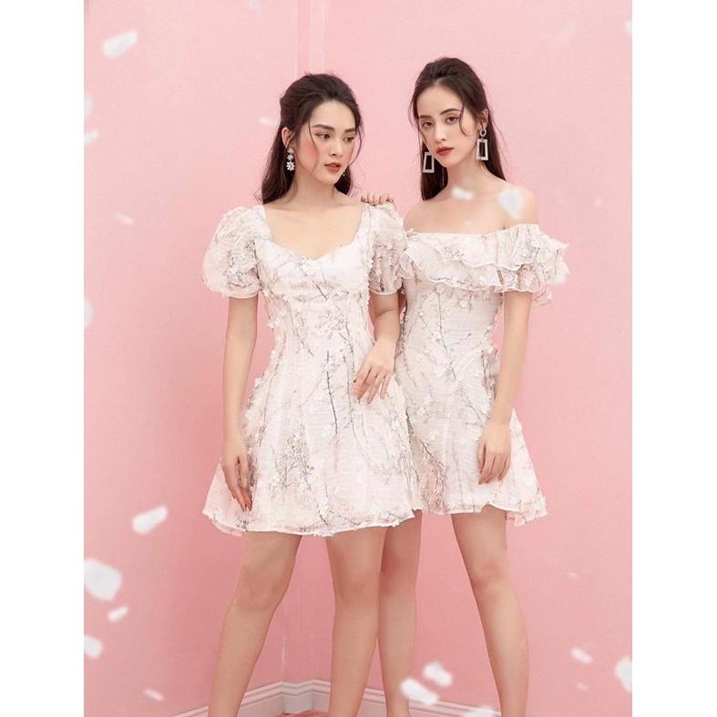 Đầm dự tiệc trễ vai Windy Dress đính hoa dáng xòe tay phồng sang chảnh