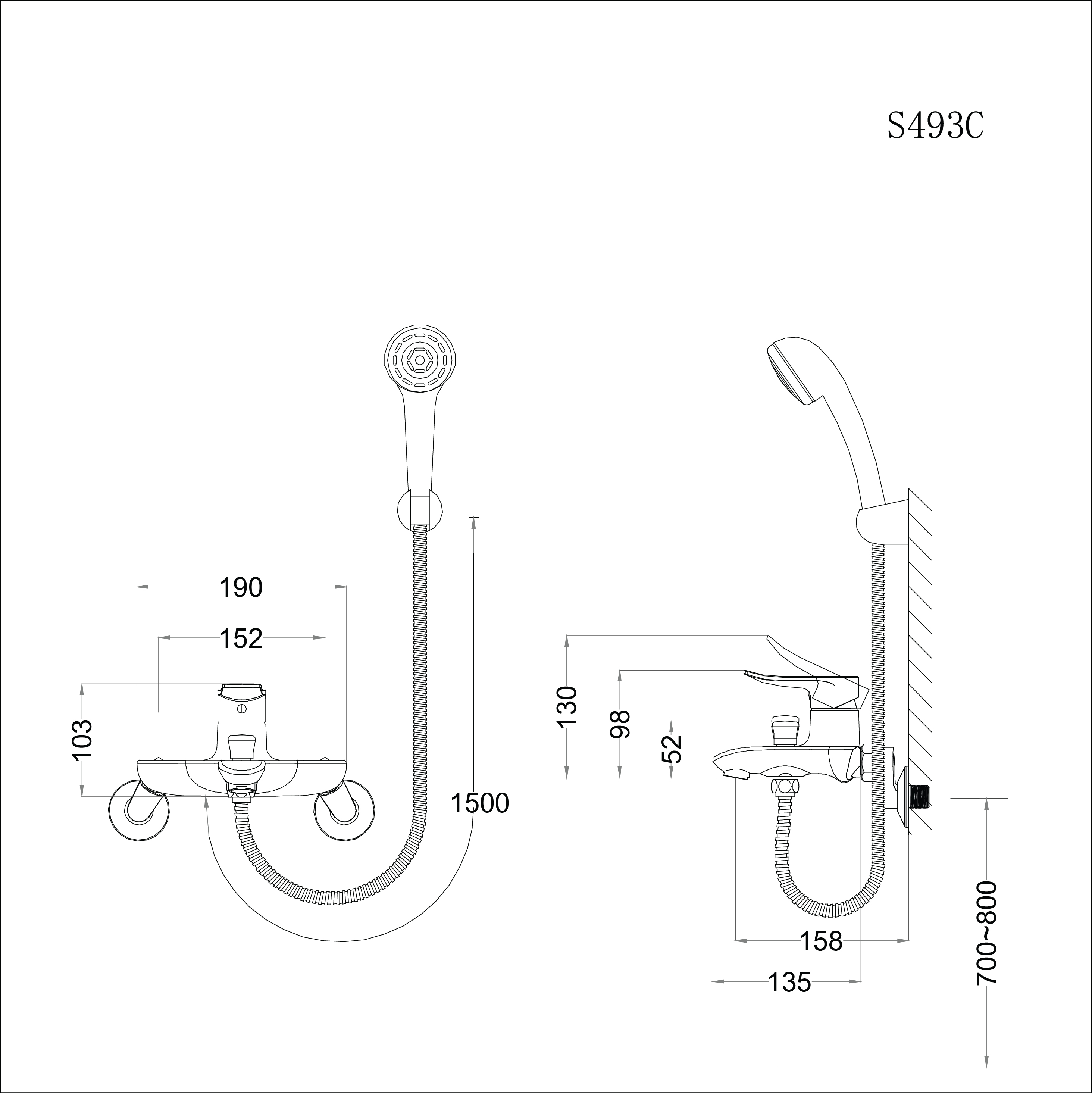 Vòi sen tắm nóng lạnh gắn tường  tay sen  một chế độ Caesar S493C (trọn bộ)