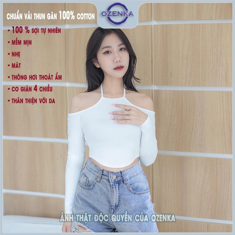 Áo croptop tay dài ôm hở vai vạt yếm nữ OZENKA , crt body kiểu buộc dây thun gân 100% cotton mềm mịn mát gợi cảm