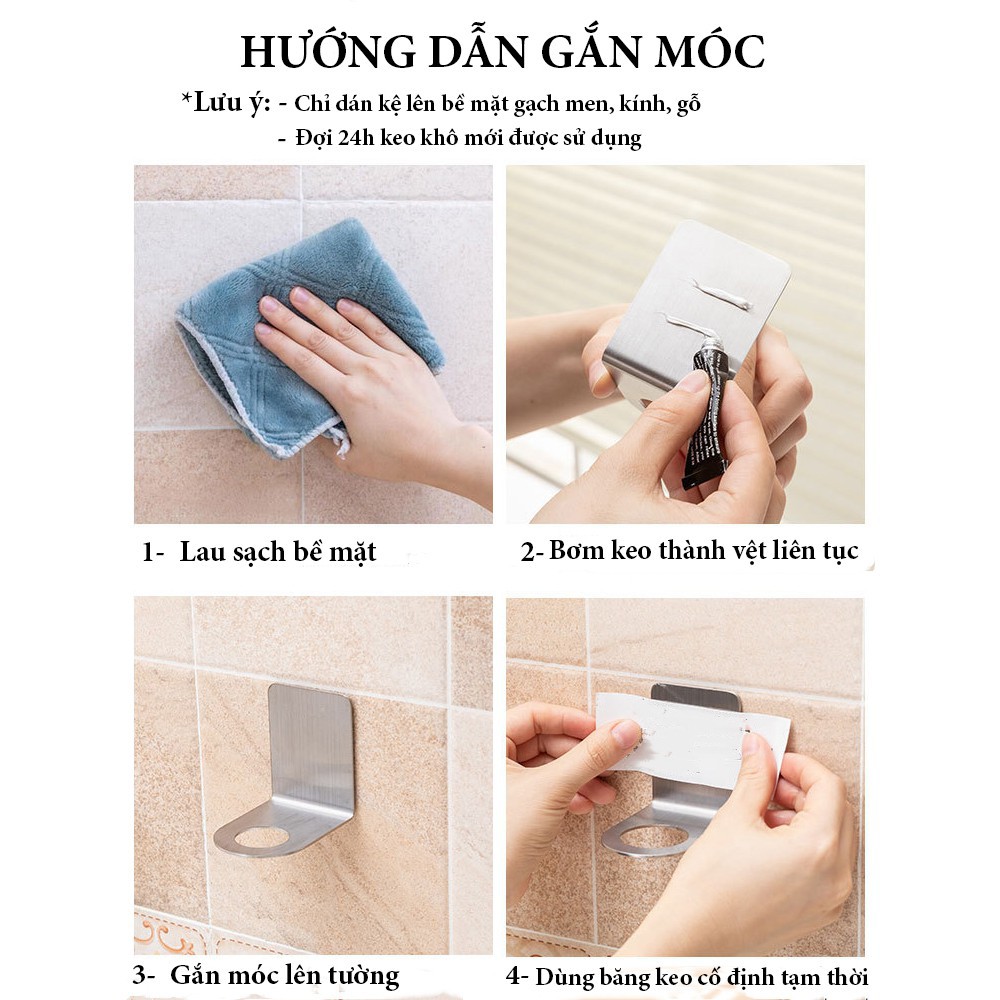 Bộ móc treo cổ chai nước rửa tay, dầu gội Inox SUS304 dán tường gạch men siêu chắc chắn