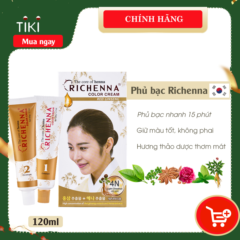 Thuốc nhuộm tóc phủ bạc thảo dược Richenna Hi-Speedy Color Hàn Quốc 60g màu nâu hạt dẻ sáng