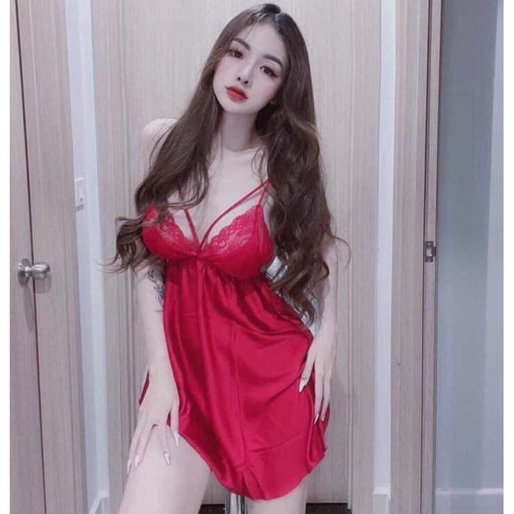 Váy ngủ lụa phối ren tặng kèm chip ren xinh xắn gợi cảm Rose Sleepwear