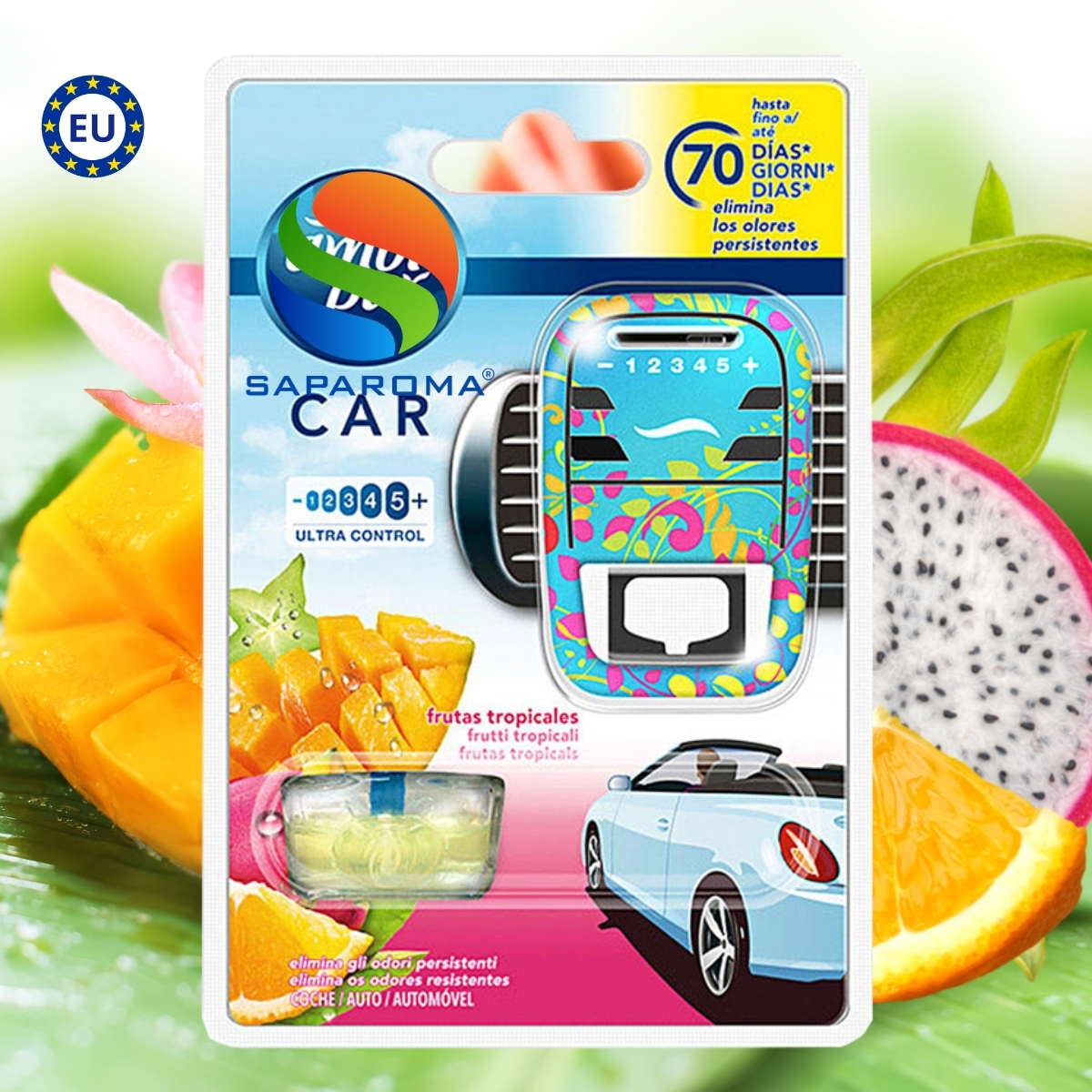 Bộ tinh dầu thơm ô tô Ambi Pur 7ml Fruity Tropics - hương trái cây, cài cửa gió, hỗ trợ khử mùi, nhập khẩu Châu Âu