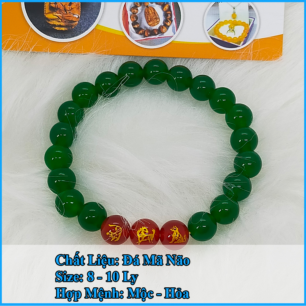 Vòng đá mã não xanh tam hợp dần ngọ tuất - Vòng tay tam hợp quý nhân dần ngọ tuất - Size 8 10ly - May mắn tài lộc bình an