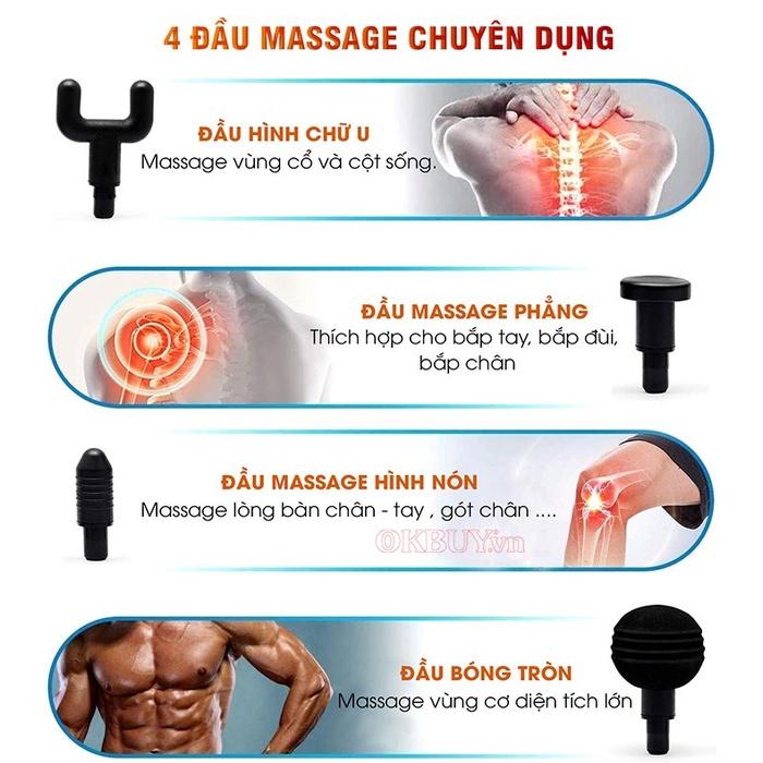 Máy massage Fascial Gun cầm tay 4 đầu 6 cấp độ trị đau nhức toàn thân hiệu quả, súng massage kèm 4 đầu mát xa chuyên sâu