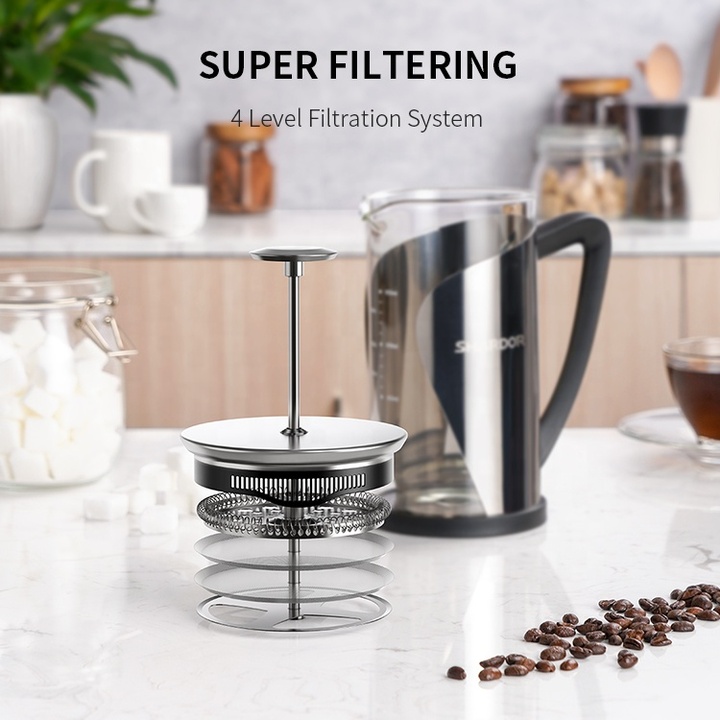 Bình pha cà phê kiểu Pháp French Press Shardor FP515S dung tích 1000ml. tích hợp hệ thống 4 bộ lọc cần gạt - Hàng Nhập Khẩu