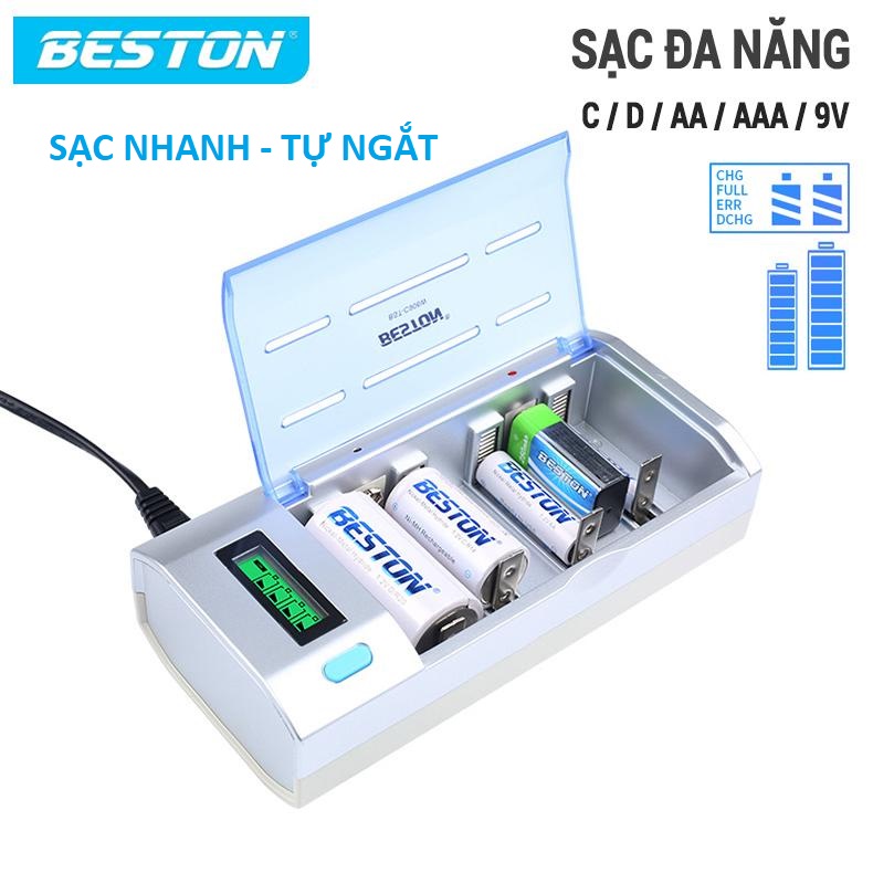 Sạc Pin Đa Năng BESTON C906W dùng cho pin AA/AAA/9V/C/D Sạc nhanh, tự ngắt, có màn hình LCD báo phần trăm