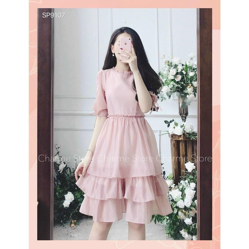 Đầm voan xoè 3 tầng tay cột nơ cổ bèo