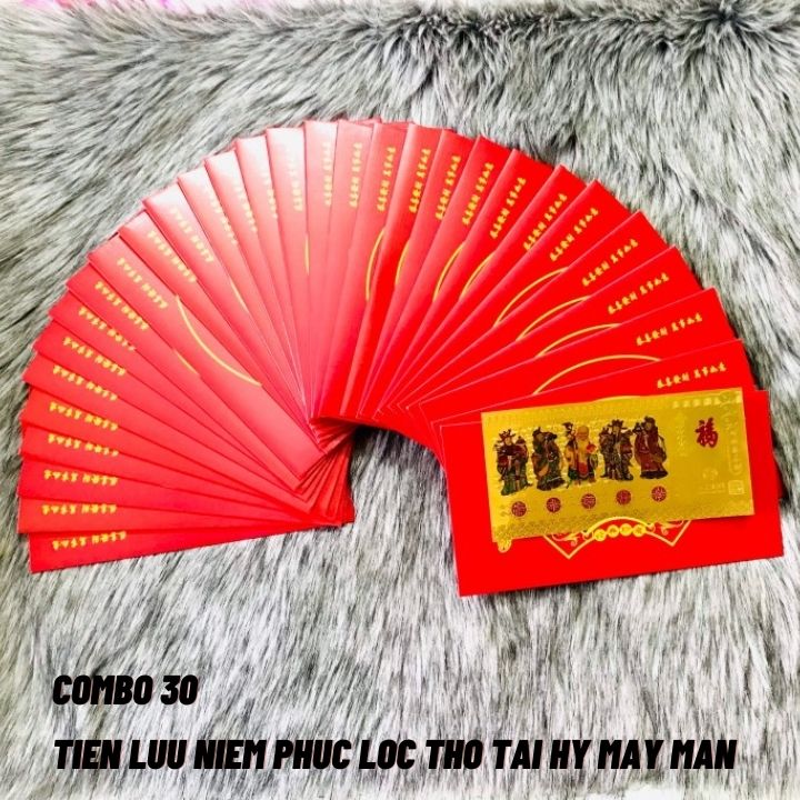 Combo 30 tờ lì xì Phúc Lộc Thọ Tài Hỷ màu vàng may mắn, chất liệu nhựa plastic, dùng để treo trong nhà, trên cây hoa mai, làm tiền lì xì, mừng tuổi, quà biếu tặng dịp Lễ Tết đầy may mắn và ý nghĩa - TMT Collection - SP005146