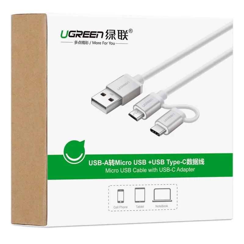 Ugreen UG20872US177TK 1M màu Bạc Cáp USB-A sang Micro USB + USB-C cao cấp - HÀNG CHÍNH HÃNG